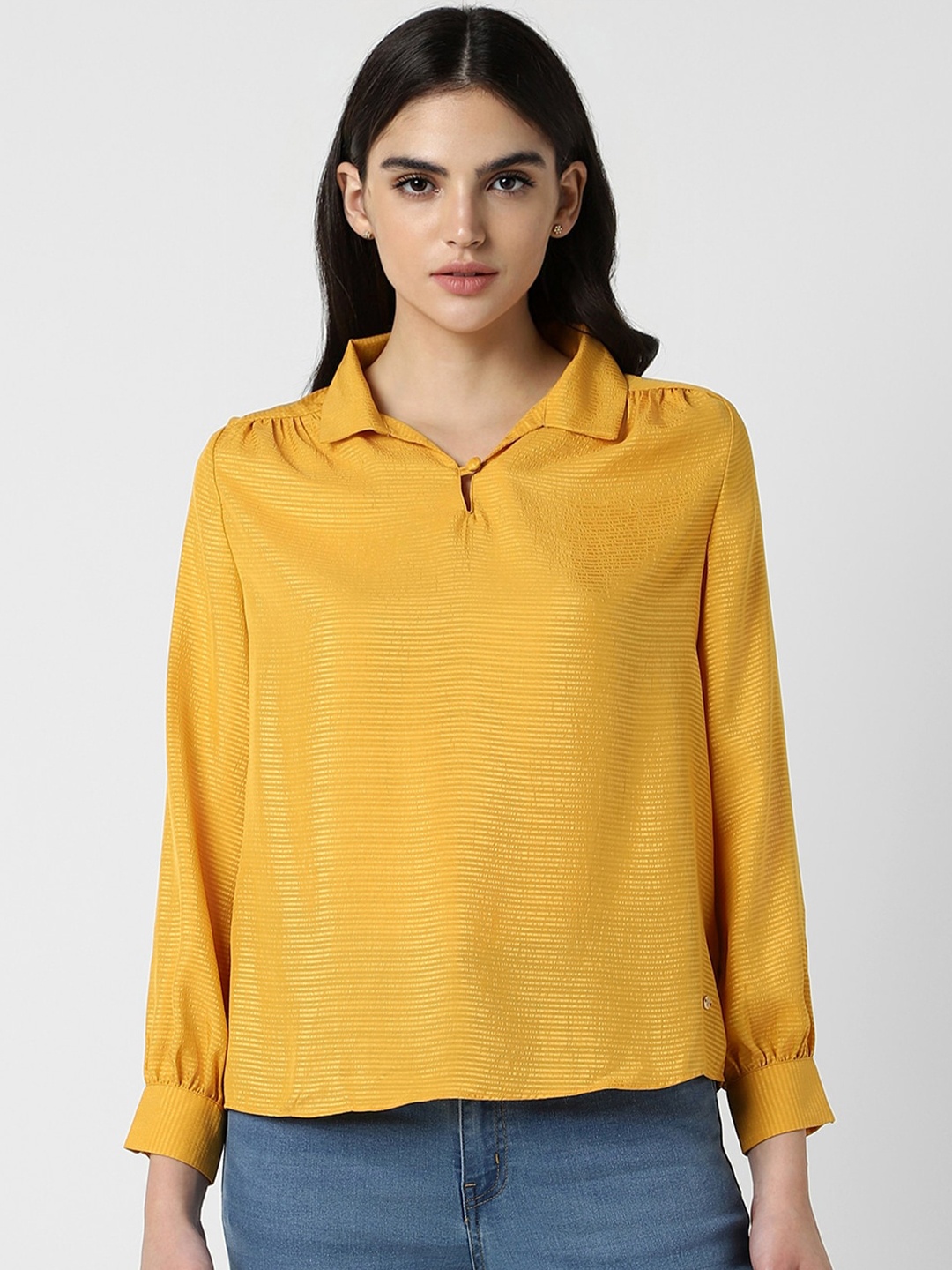 

Van Heusen Woman Horizontal Striped Cuffed Sleeve Shirt Collar Top, Yellow