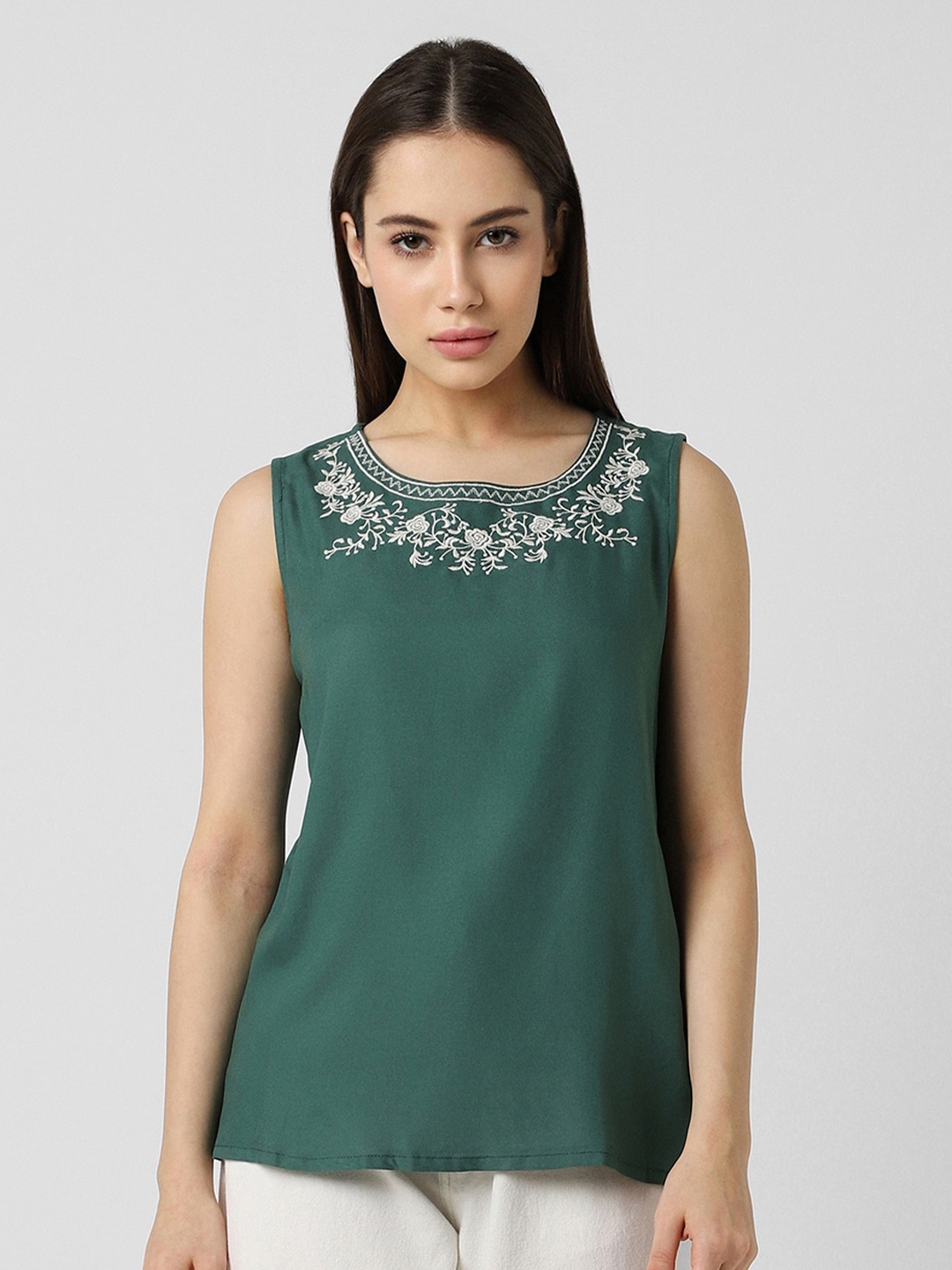 

Van Heusen Woman Floral Embroidered Sleeveless A-Line Top, Green