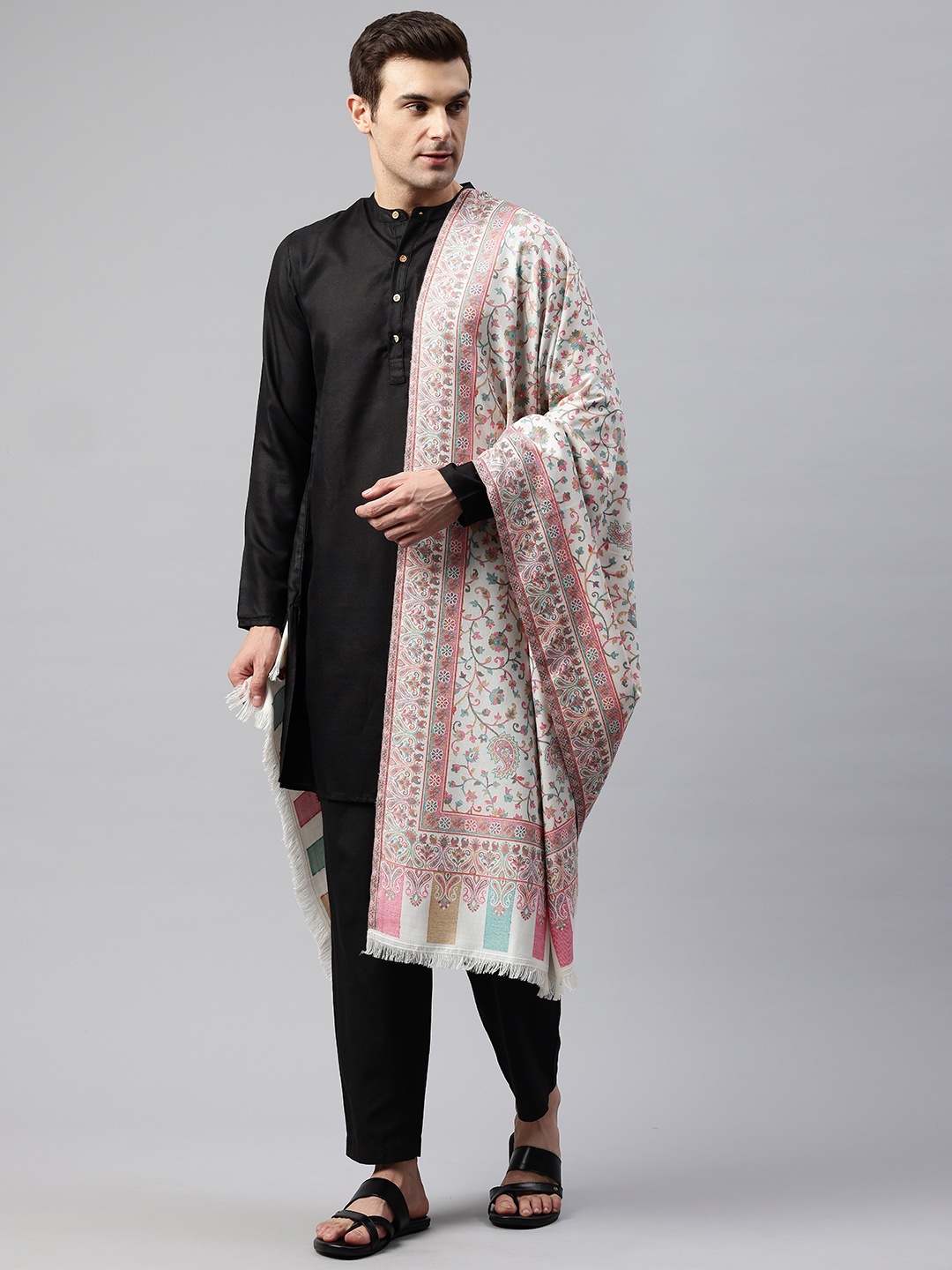 

WEAVERS VILLA Men Floral Printed Pashima Wool Blend Shawl, White