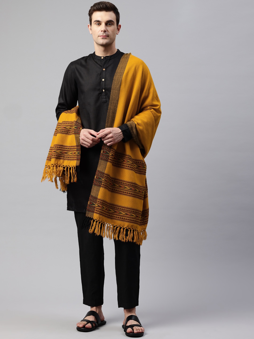 

WEAVERS VILLA Men Solid Pashima Wool Blend Shawl, Mustard