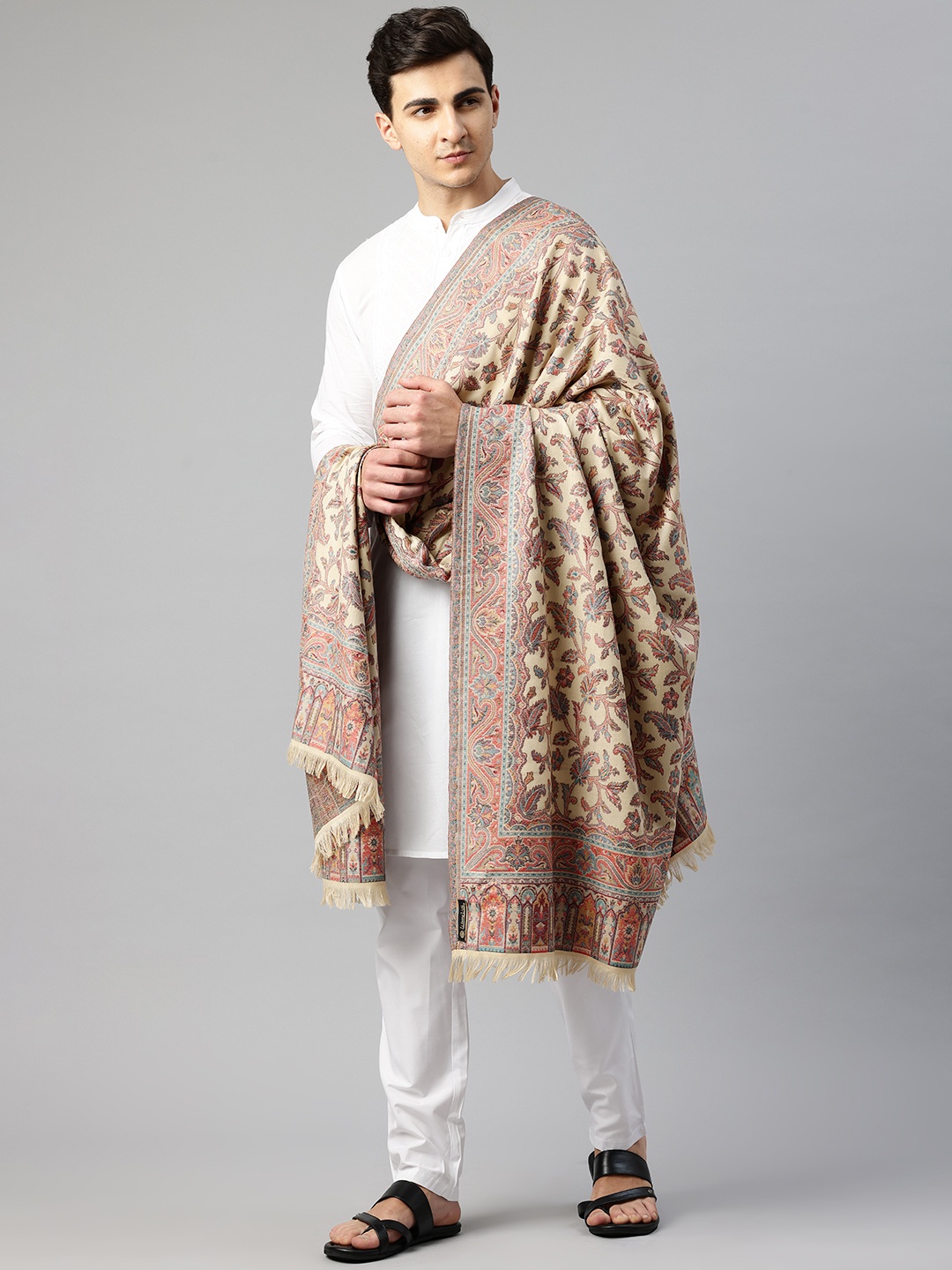 

WEAVERS VILLA Men Ethnic Motifs Woven Design Shawl, Beige