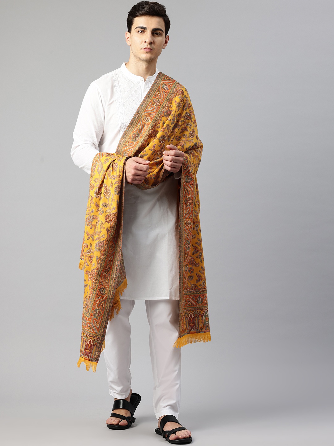 

WEAVERS VILLA Men Ethnic Motifs Printed Wool Blend Shawl, Mustard