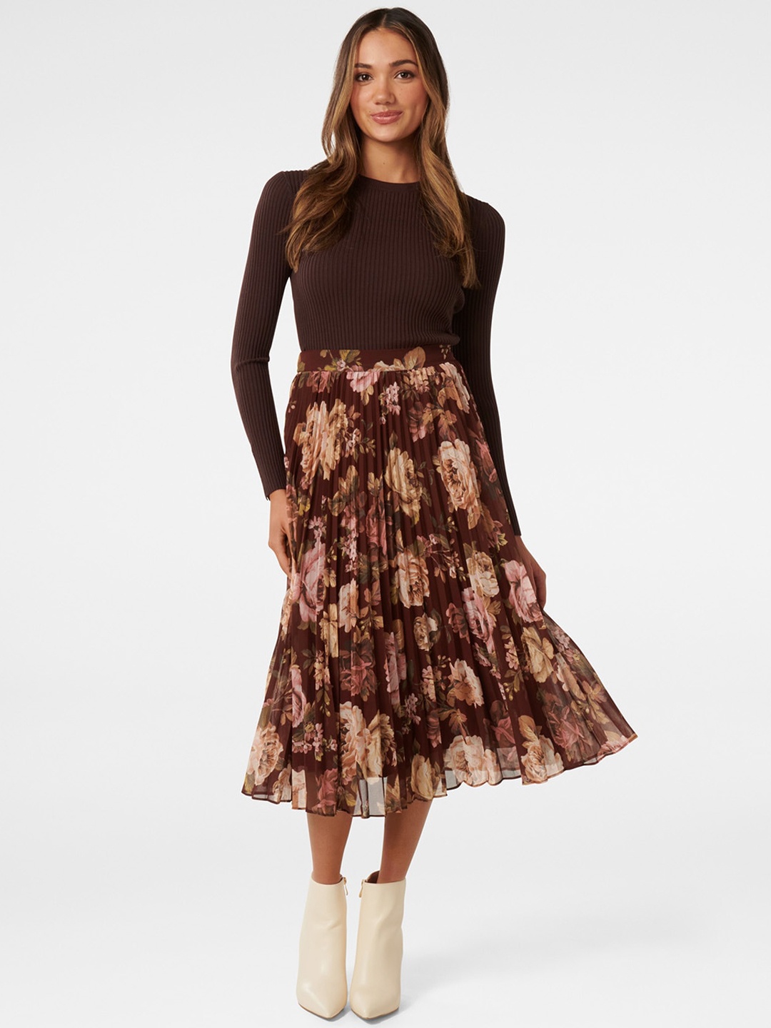 

Forever New Floral Printed Flared Midi Skirt, Brown