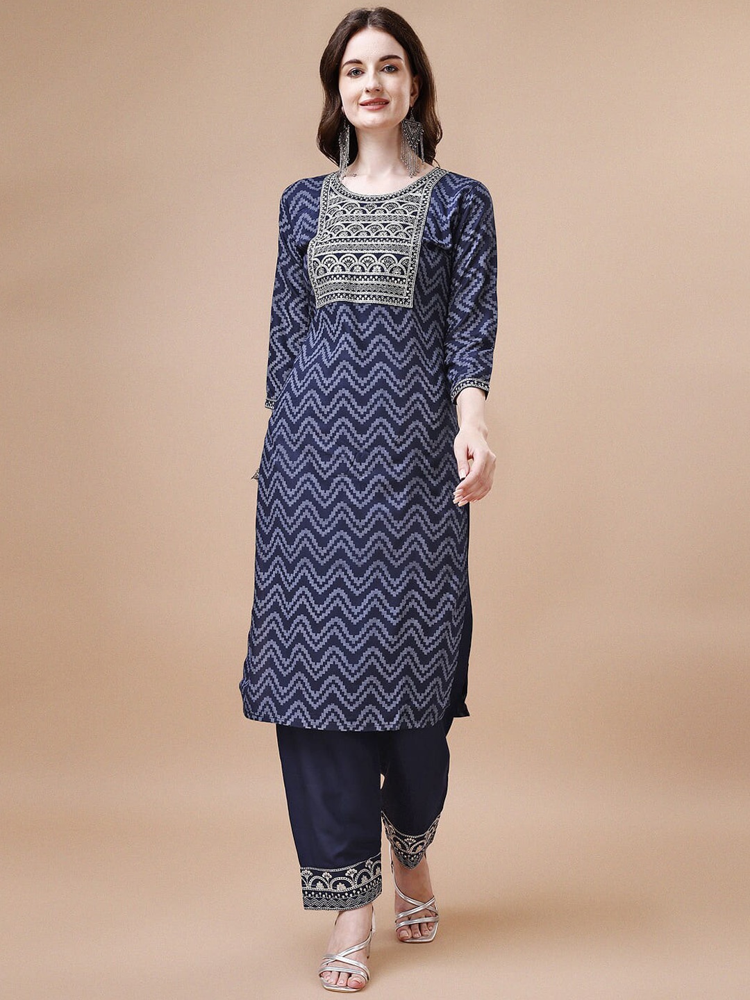 

KALINI Printed Thread Work Pure Cotton Kurta with Trousers, Blue