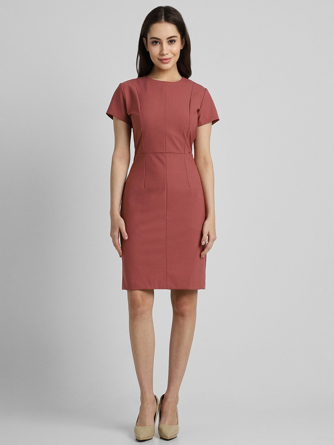 

Allen Solly Woman Short Sleeves Round Neck Sheath Dress, Rust