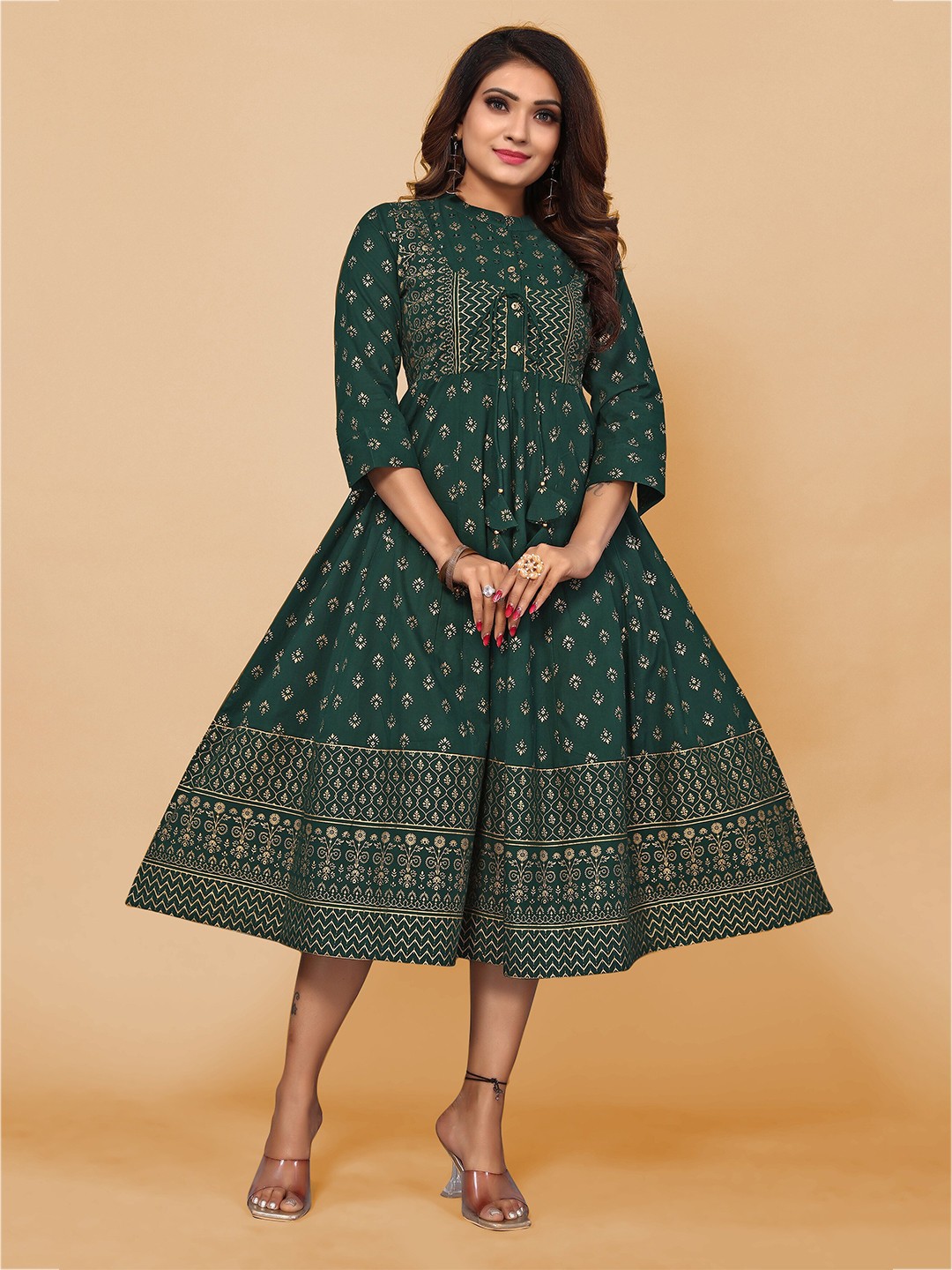 

Sangria Printed Flared Dresses, Green