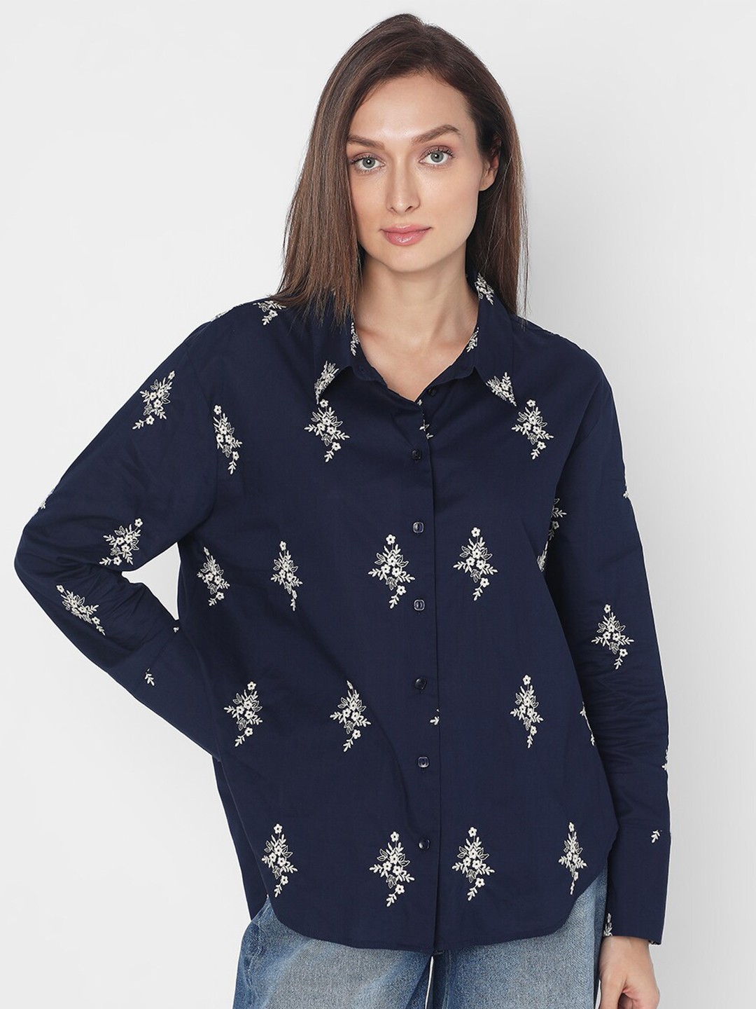 

Vero Moda Floral Printed Casual Cotton Shirt, Navy blue