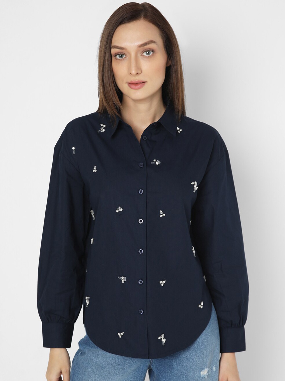 

Vero Moda Spread Collar Embellished Cotton Casual Shirt, Navy blue