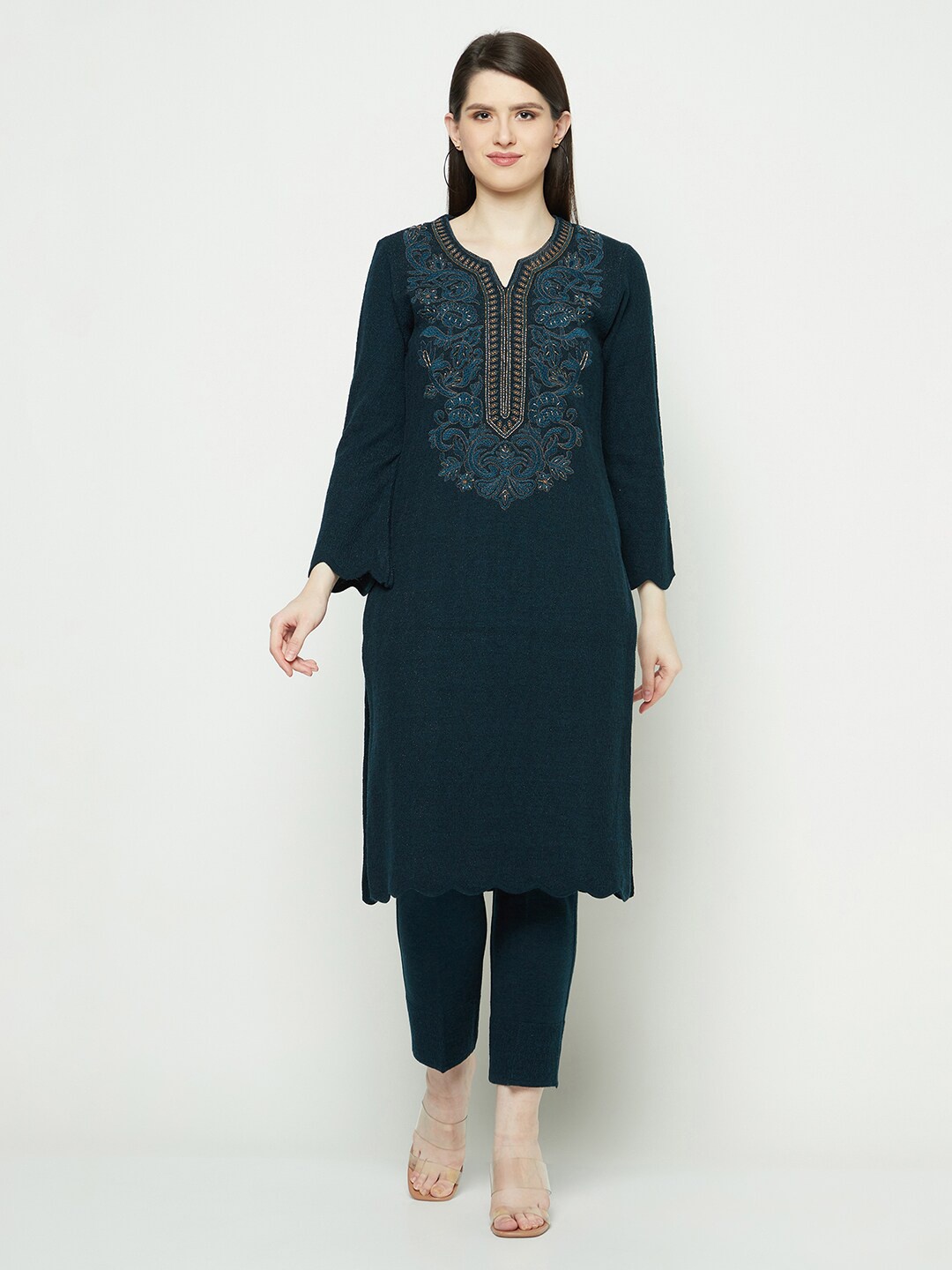 

Knitstudio Floral Embroidered Regular Thread Work Kurta with Trousers, Teal