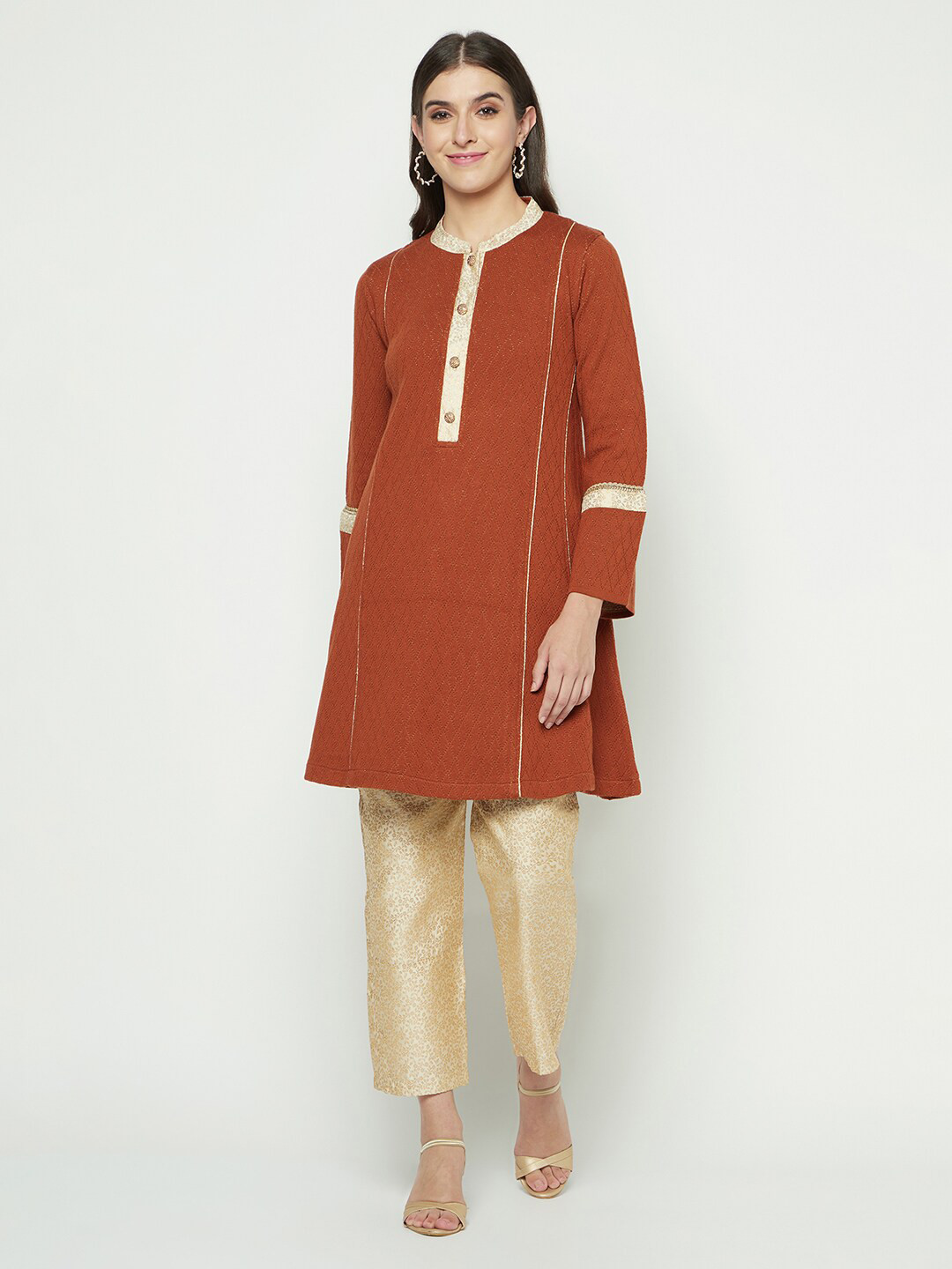 

Knitstudio Woven Design Mandarin Collar Kurta with Trousers, Rust