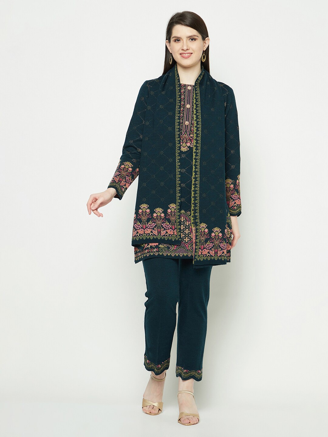 

Knitstudio Ethnic Motifs Printed Thread Work Regular Kurta with Trousers & Dupatta, Teal