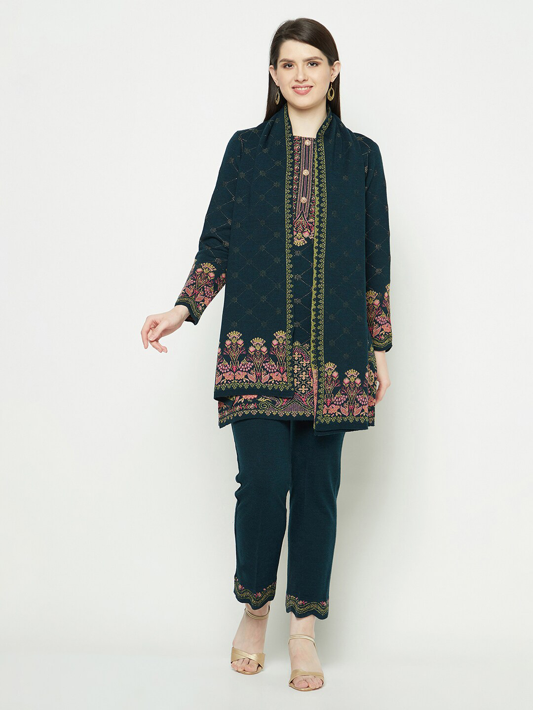 

Knitstudio Ethnic Motifs Printed Acrylic Kurta With Trousers & Dupatta, Teal