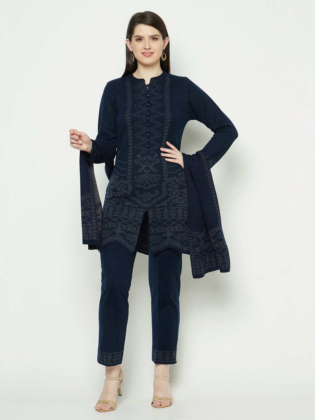

Knitstudio Geometric Printed Acrylic Scalloped Kurta With Trousers & Dupatta, Blue
