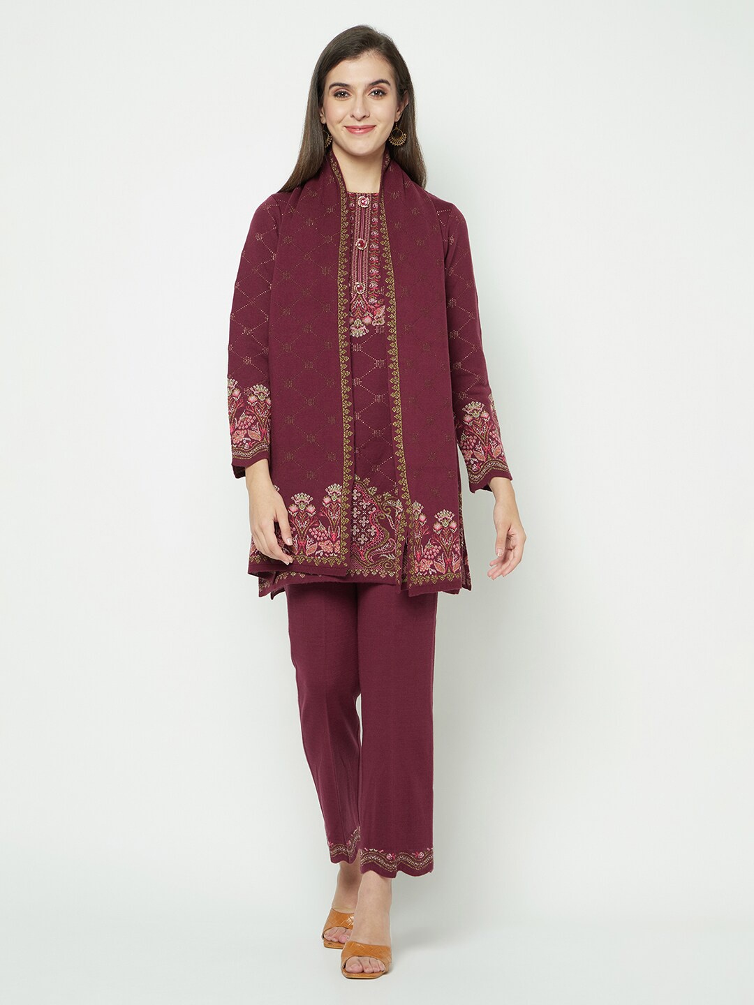 

Knitstudio Ethnic Motifs Printed Acrylic Kurta With Trousers & Dupatta, Purple