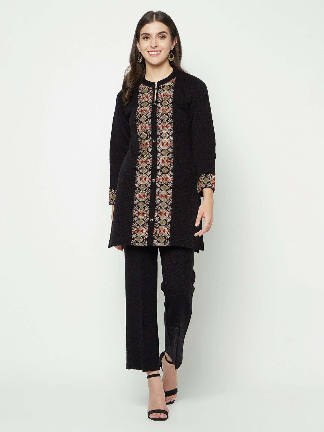 

Knitstudio Geometric Printed Mandarin Collar Acrylic Straight Kurta With Trouser, Black