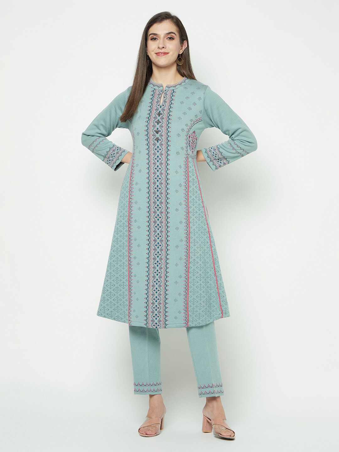 

Knitstudio Ethnic Motifs Printed Acrylic A-Line Kurta, Sea green