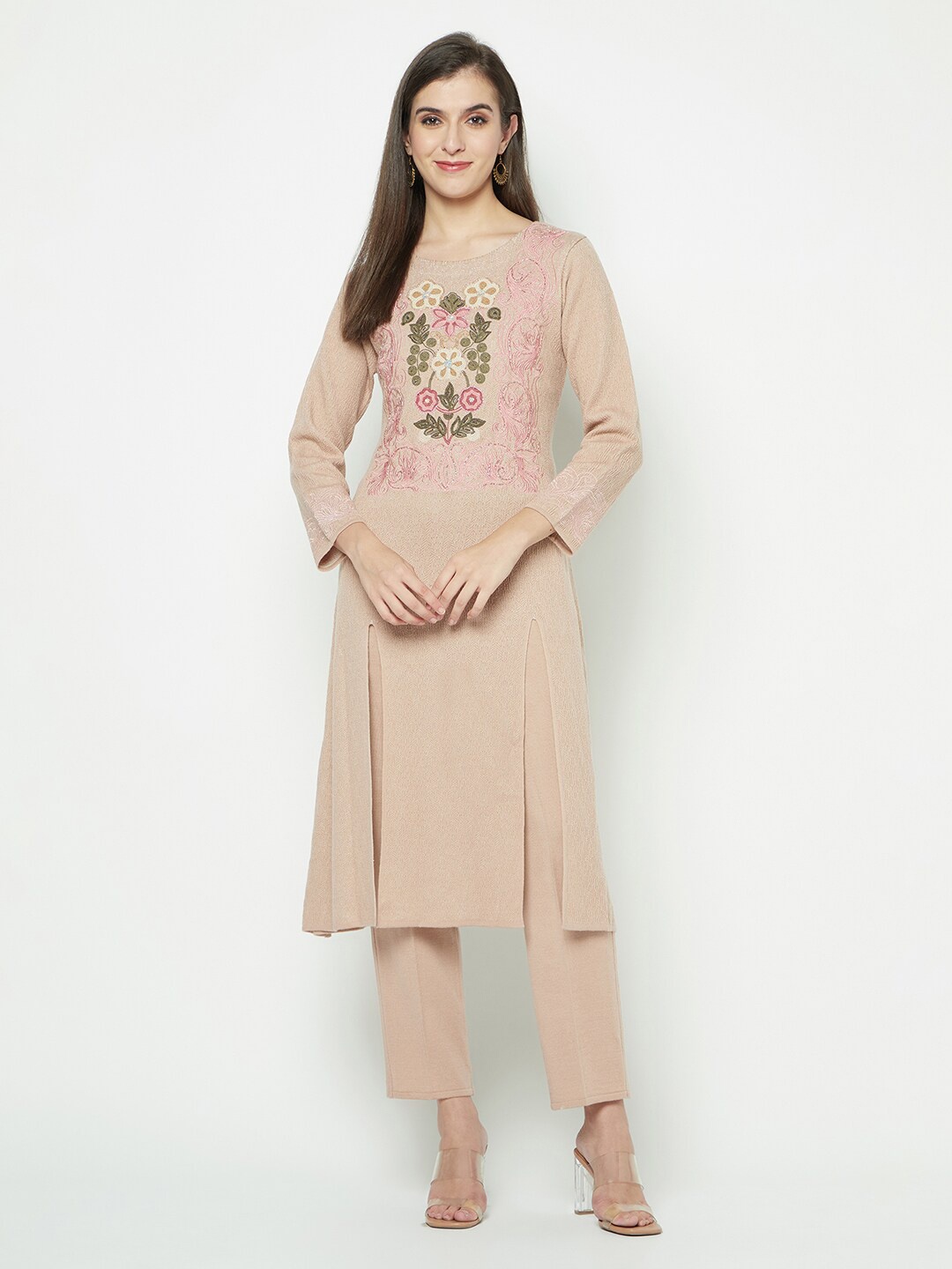 

Knitstudio Floral Yoke Design Thread Work Acrylic Kurta With Trousers, Rose