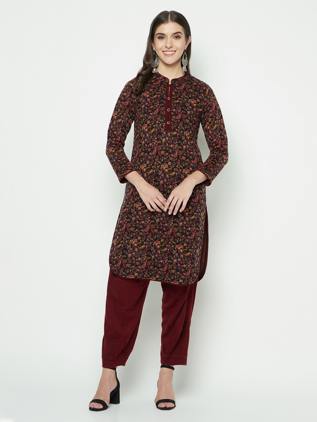 

Knitstudio Floral Woven Design Mandarin Collar Acrylic Kurta With Salwar, Maroon