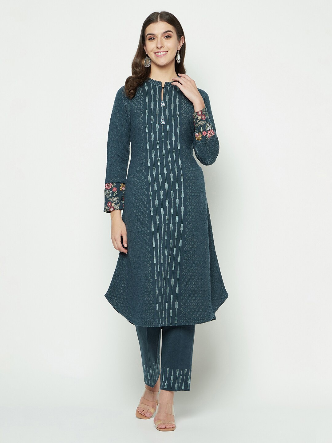 Knitstudio Ethnic Motifs Woven Design Acrylic Kurta With Trousers, Teal