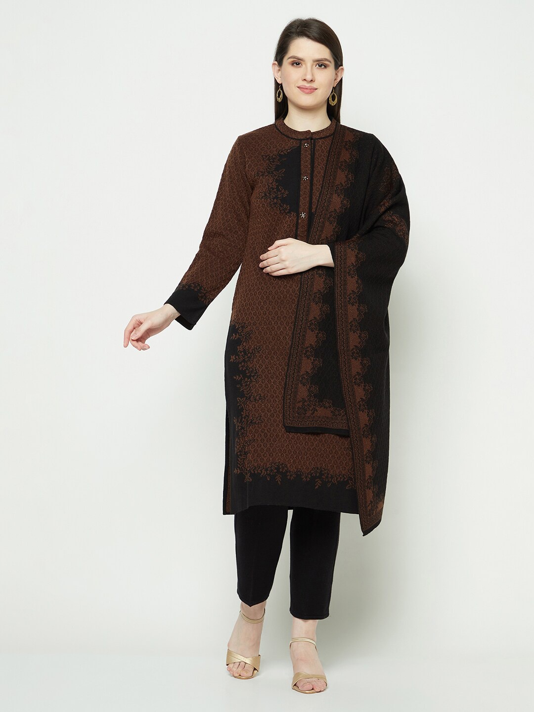 

Knitstudio Floral Woven Design Acrylic Kurta With Trousers & Dupatta, Brown