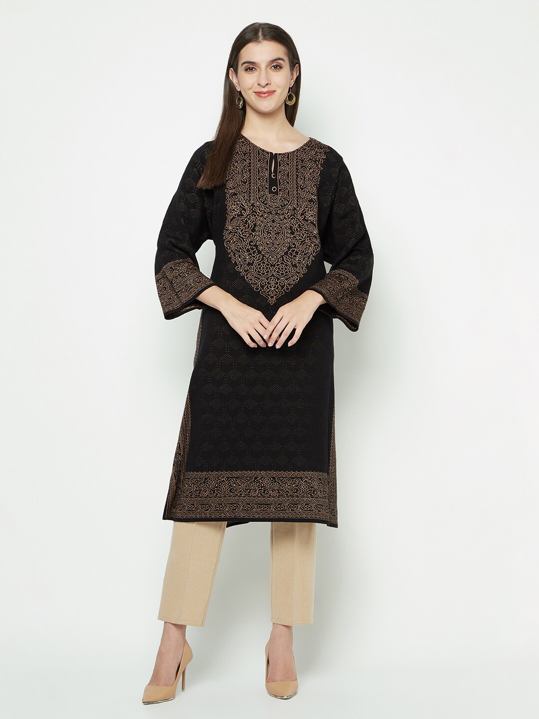 

Knitstudio Ethnic Motifs Printed Acrylic Straight Kurta, Black