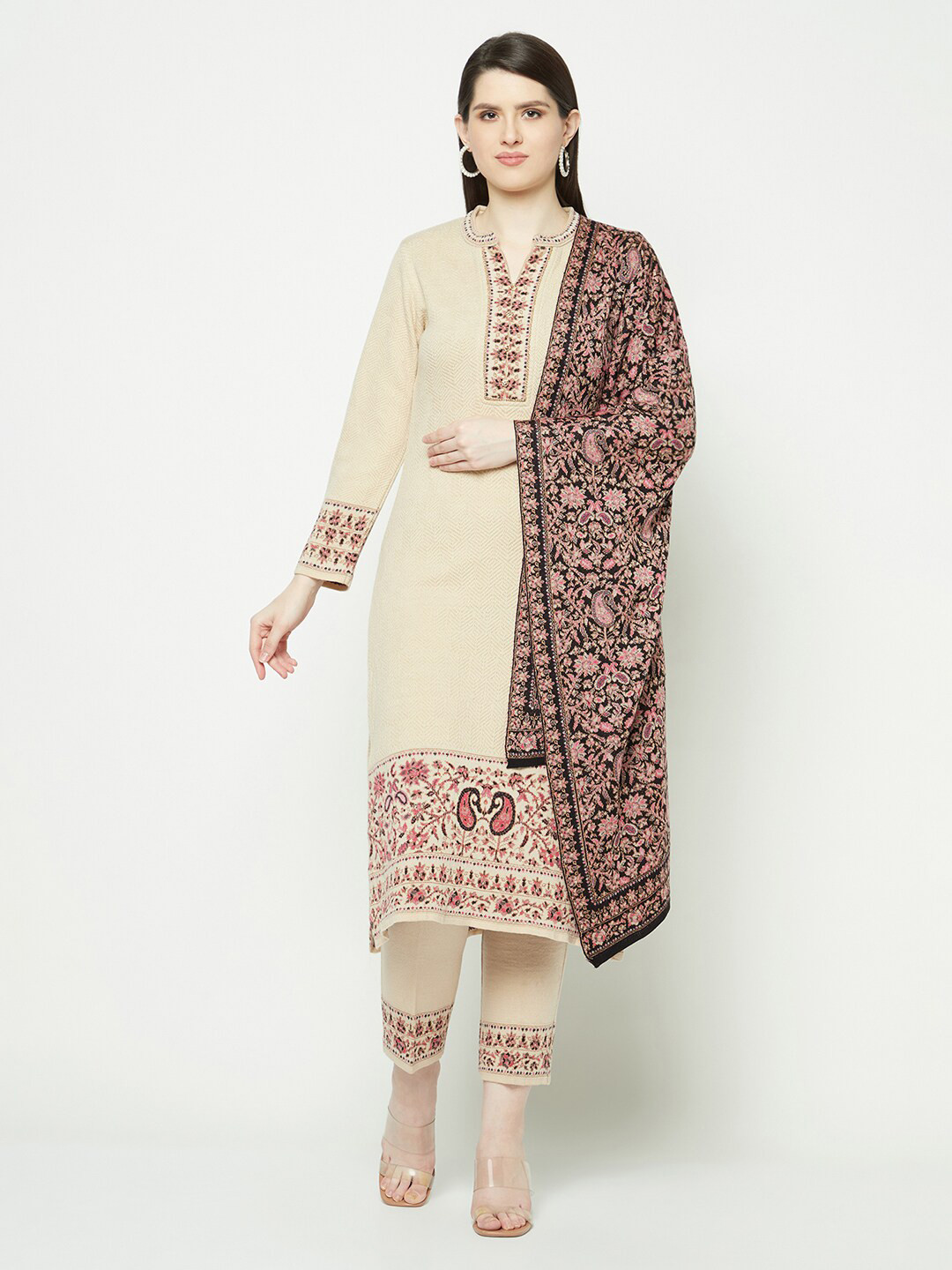 

Knitstudio Floral Woven Design Acrylic Kurta with Trousers & With Dupatta, Beige