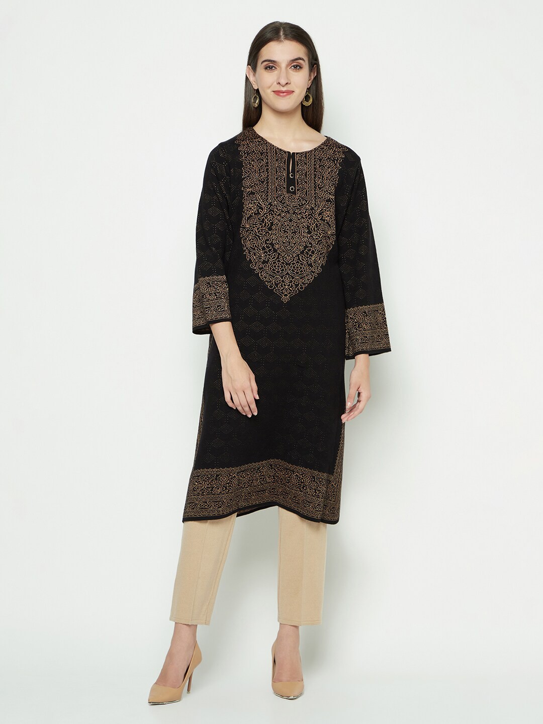 

Knitstudio Ethnic Motifs Printed Acrylic Straight Kurta, Black