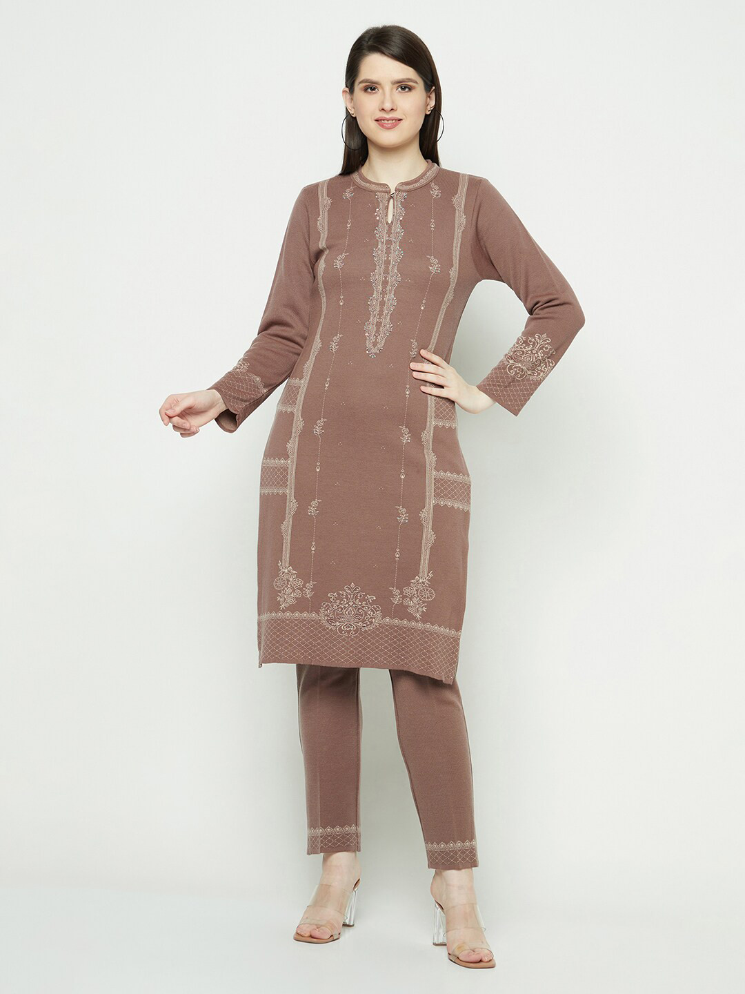 

Knitstudio Ethnic Motifs Woven Design Acrylic Kurta With Trousers, Pink