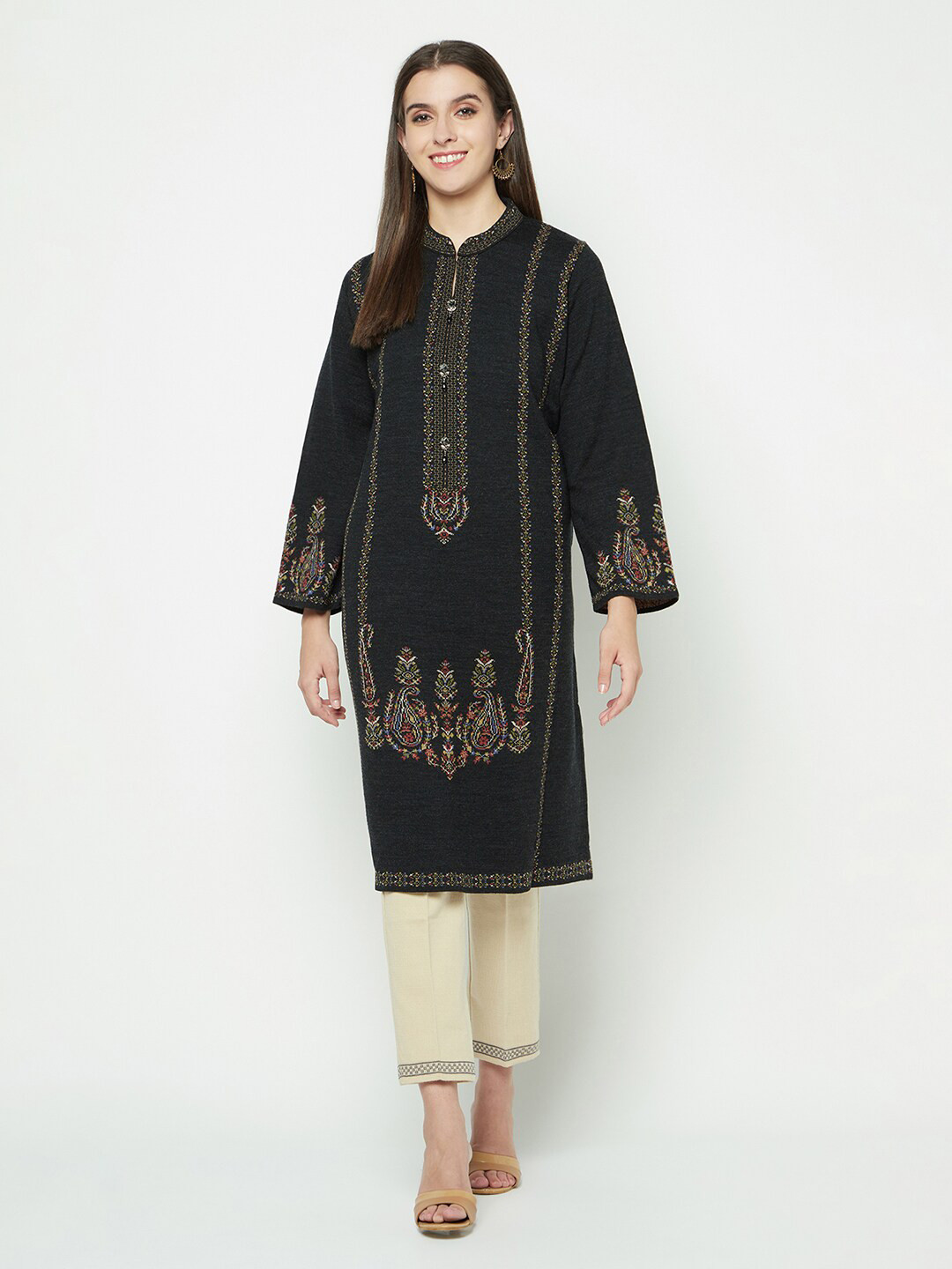 

Knitstudio Ethnic Motifs Printed Acrylic Straight Kurta, Grey