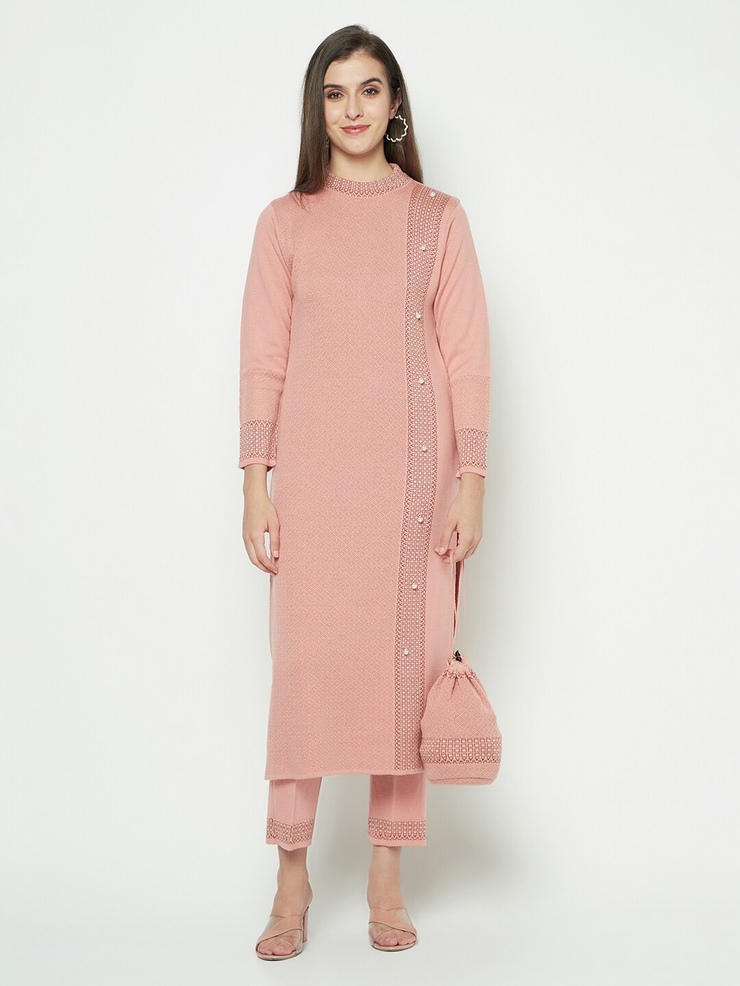 

Knitstudio Woven Design Regular Acrylic Kurta With Trousers, Pink