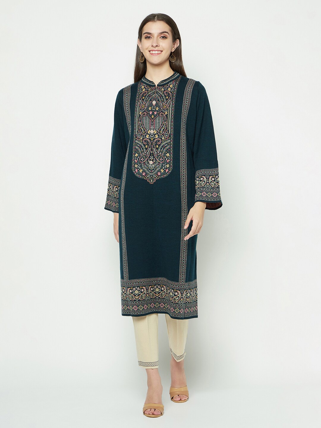 

Knitstudio Ethnic Motifs Woven Design Acrylic Straight Kurta, Teal