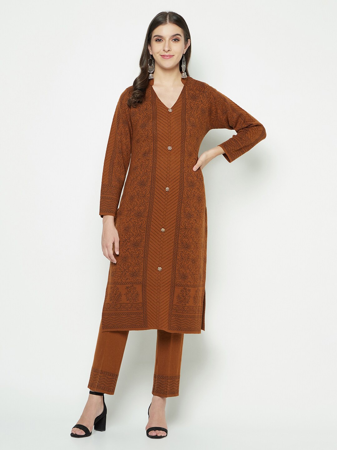 

Knitstudio Floral Woven Design Regular Kurta With Trousers, Rust
