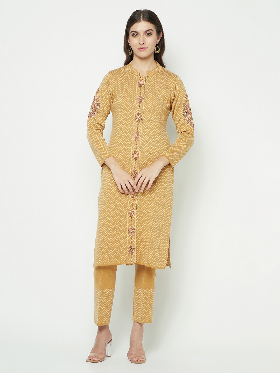 

Knitstudio Chevron Woven Design Regular Acrylic Kurta With Trousers, Mustard