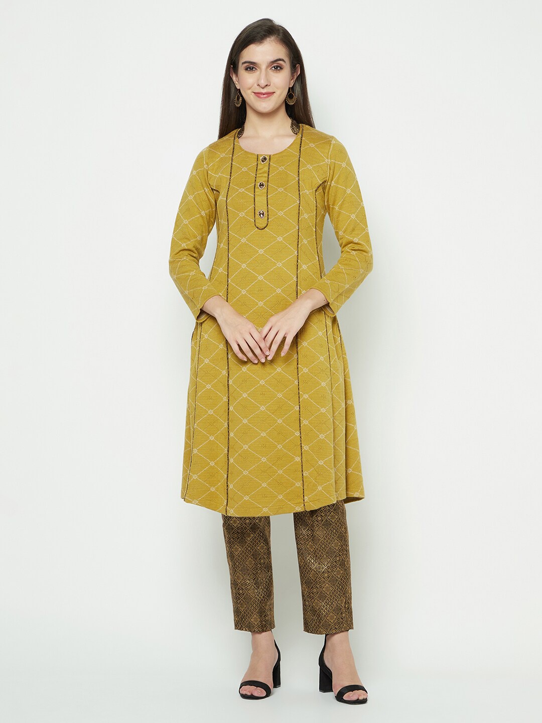 

Knitstudio Ethnic Motifs Woven Design Regular Acrylic Kurta With Trousers, Mustard