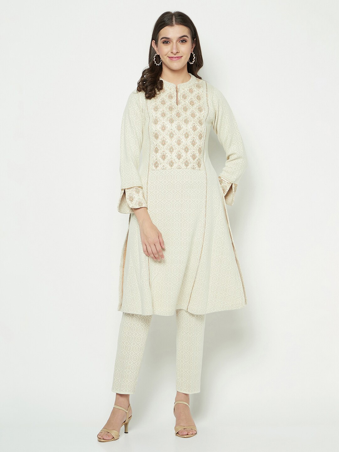 

Knitstudio Ethnic Motifs Woven Design Regular Acrylic Kurta With Trousers, Off white