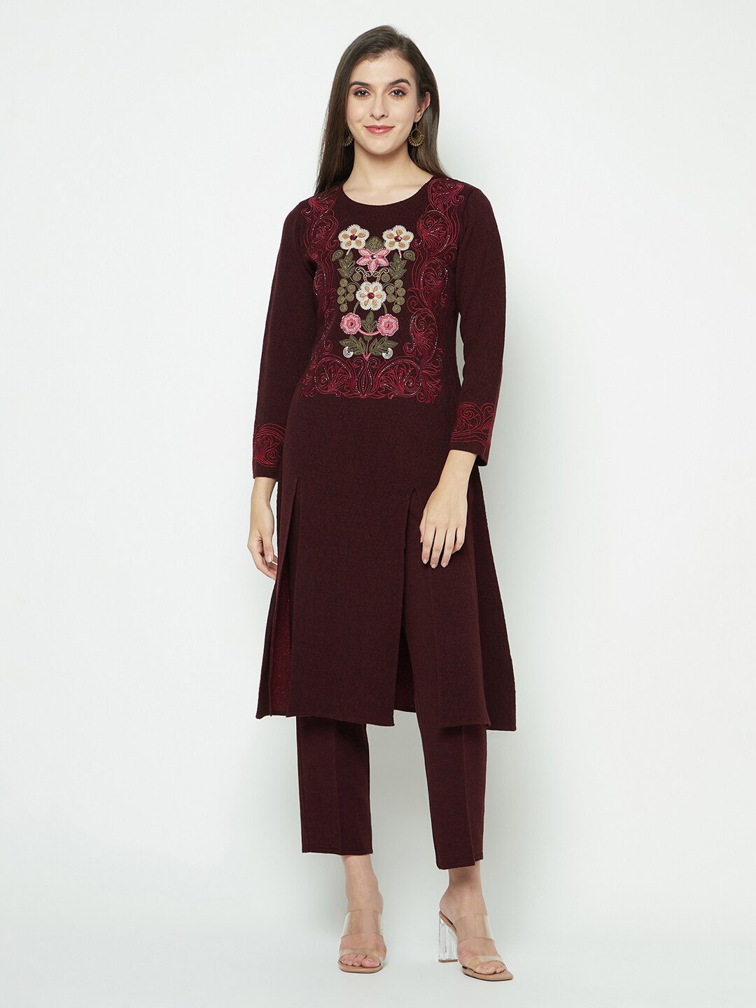 

Knitstudio Floral Embroidered Regular Beads and Stones Acrylic Kurta With Trousers, Maroon