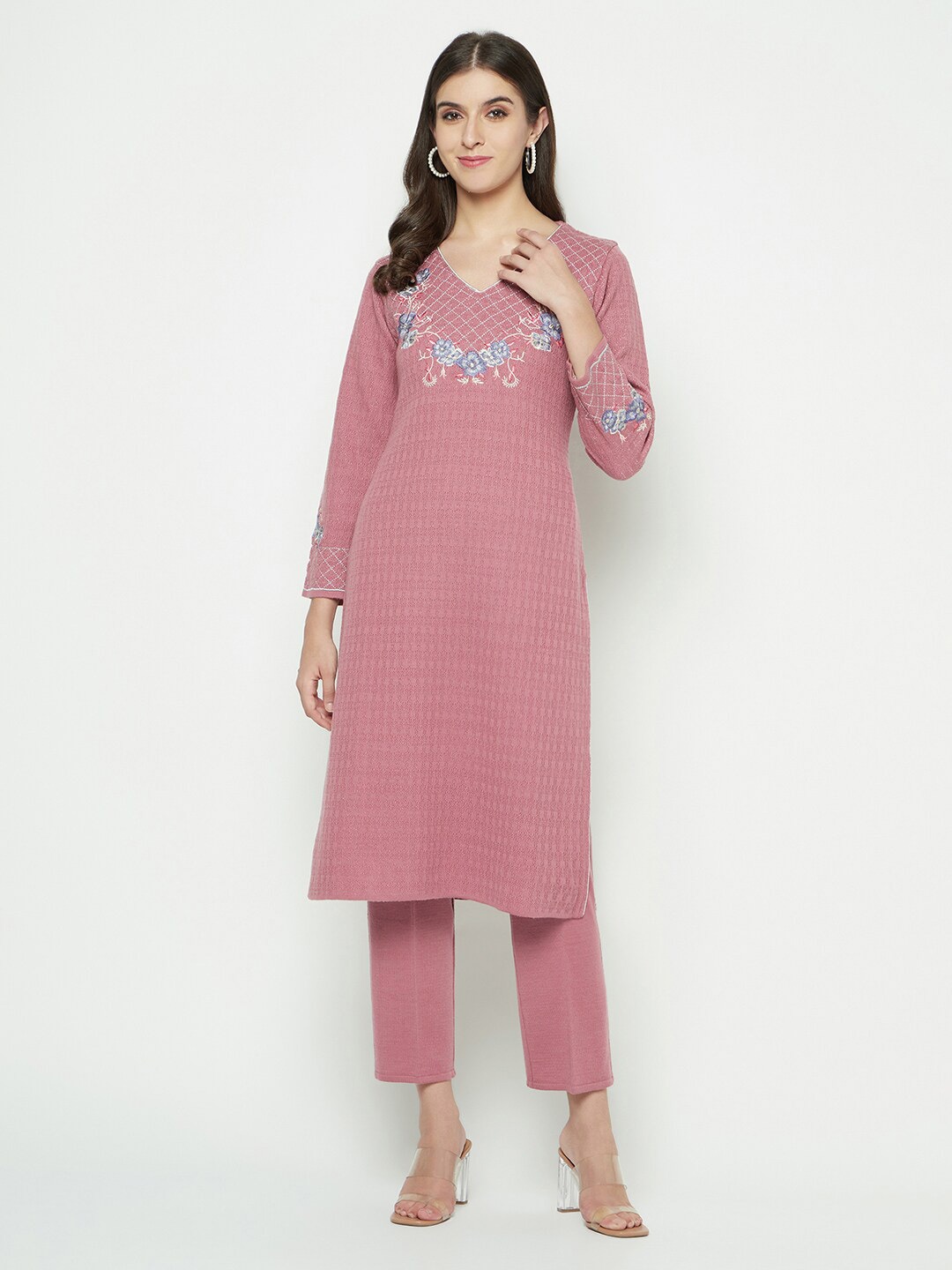 

Knitstudio Floral Woven Design Regular Thread Work Acrylic Kurta With Trousers, Pink