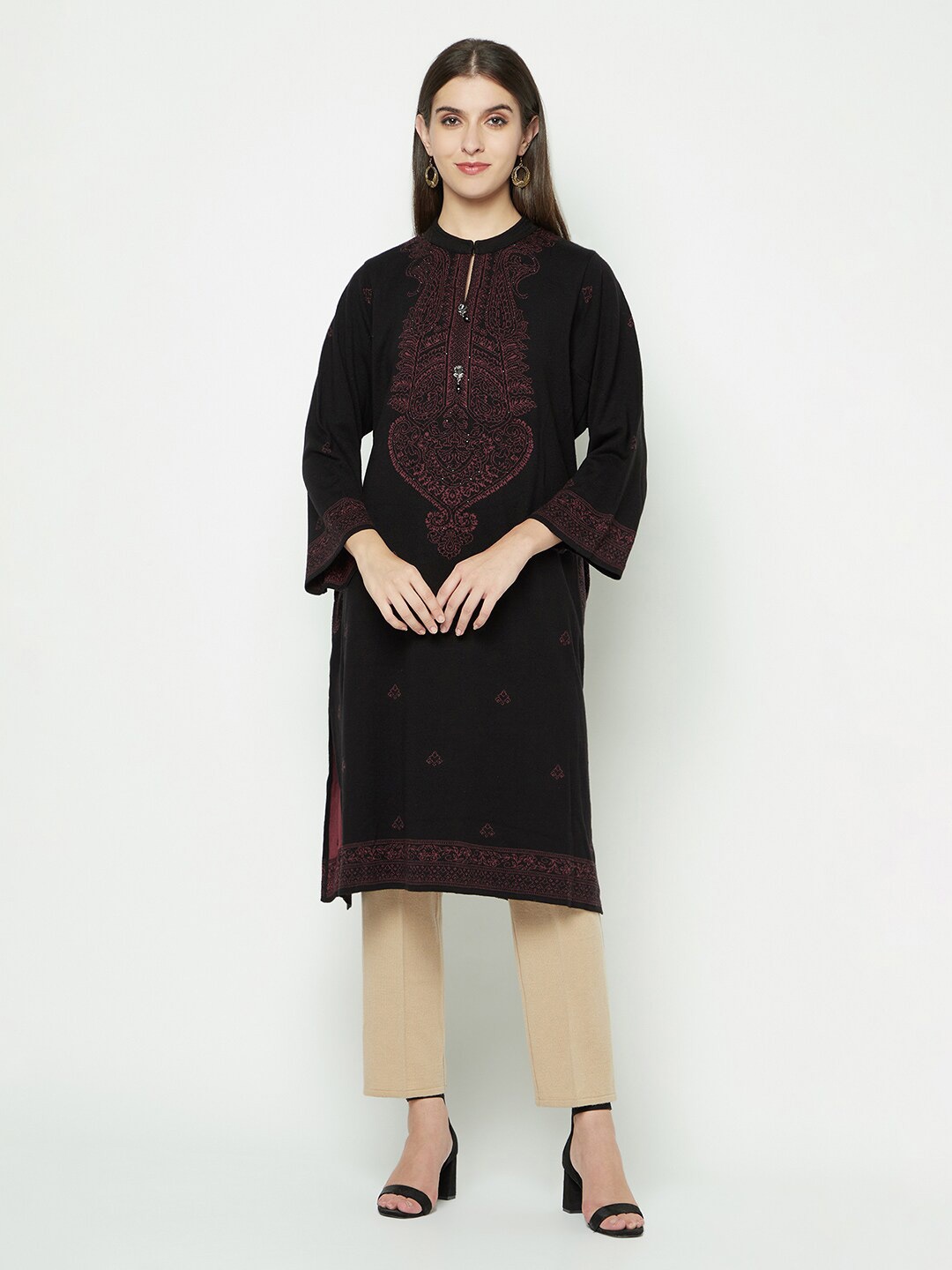 

Knitstudio Ethnic Motifs Woven Design Acrylic Kurta, Black