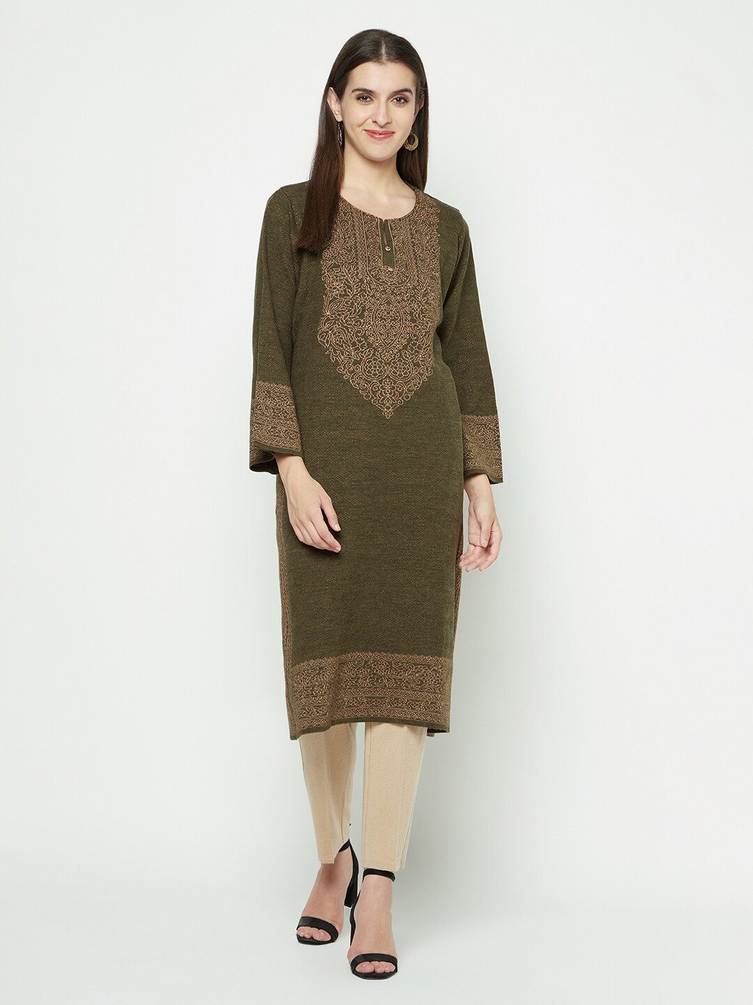 

Knitstudio Ethnic Motifs Woven Design Knitted Kurta, Olive
