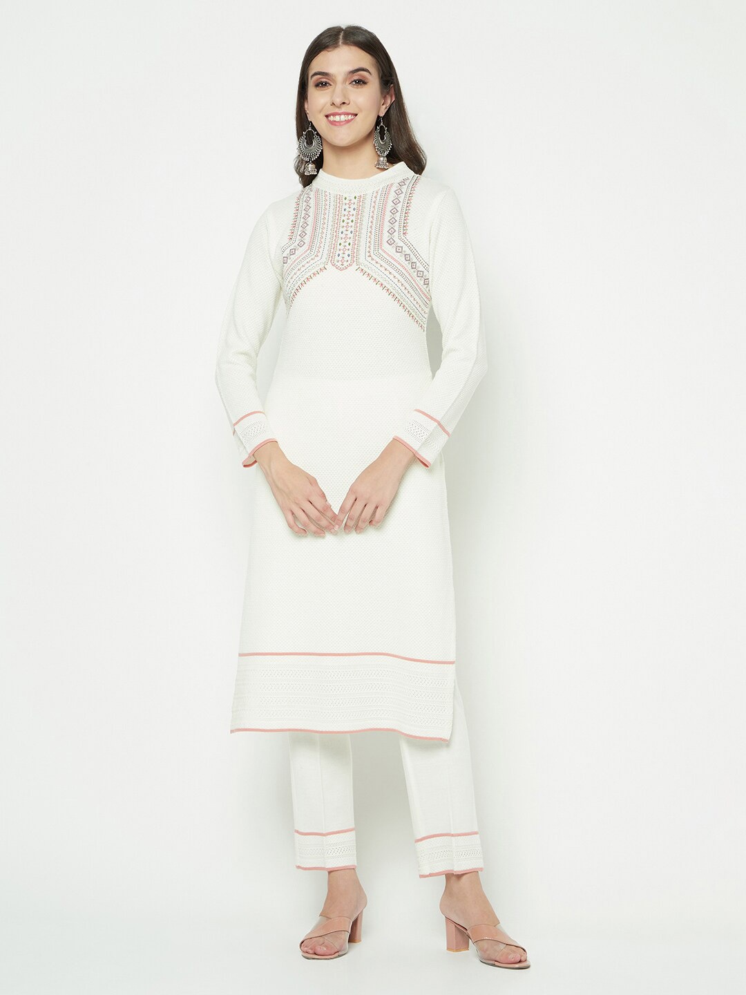 

Knitstudio Ethnic Motifs Embroidered Yoke Knitted Kurta With Trousers, White