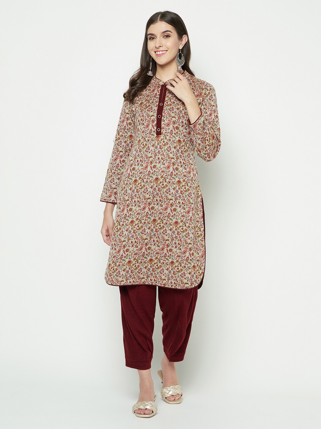 

Knitstudio Woven Design Mandarin Collar Kurta With Salwar, Beige