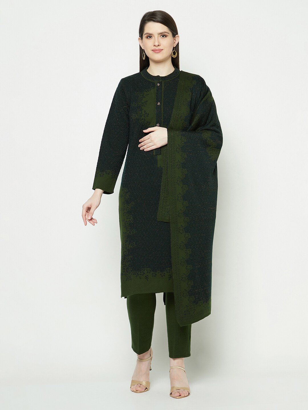 

Knitstudio Woven Design Mandarin Collar Acrylic Straight Kurta With Trousers & Dupatta, Green