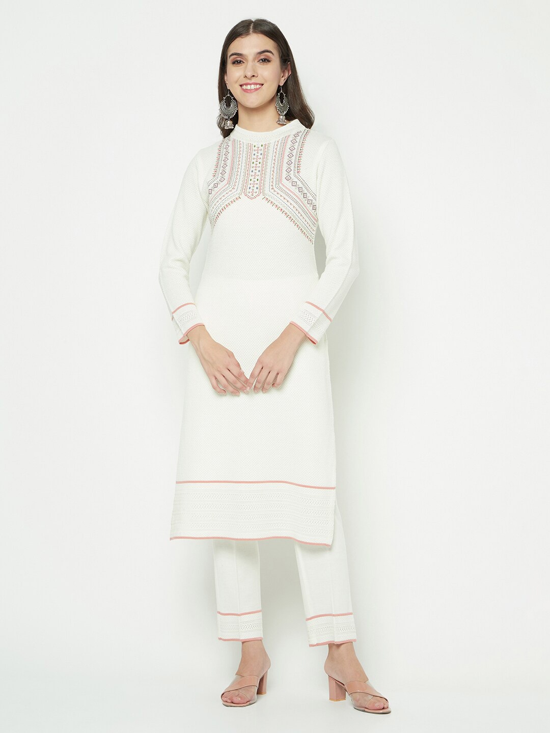 

Knitstudio Woven Design Thread Work Detail Knitted Acrylic Kurta With Trousers, White