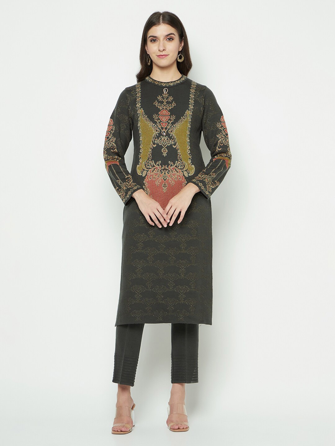 

Knitstudio Ethnic Motifs Woven Design Acrylic Straight Kurta, Grey