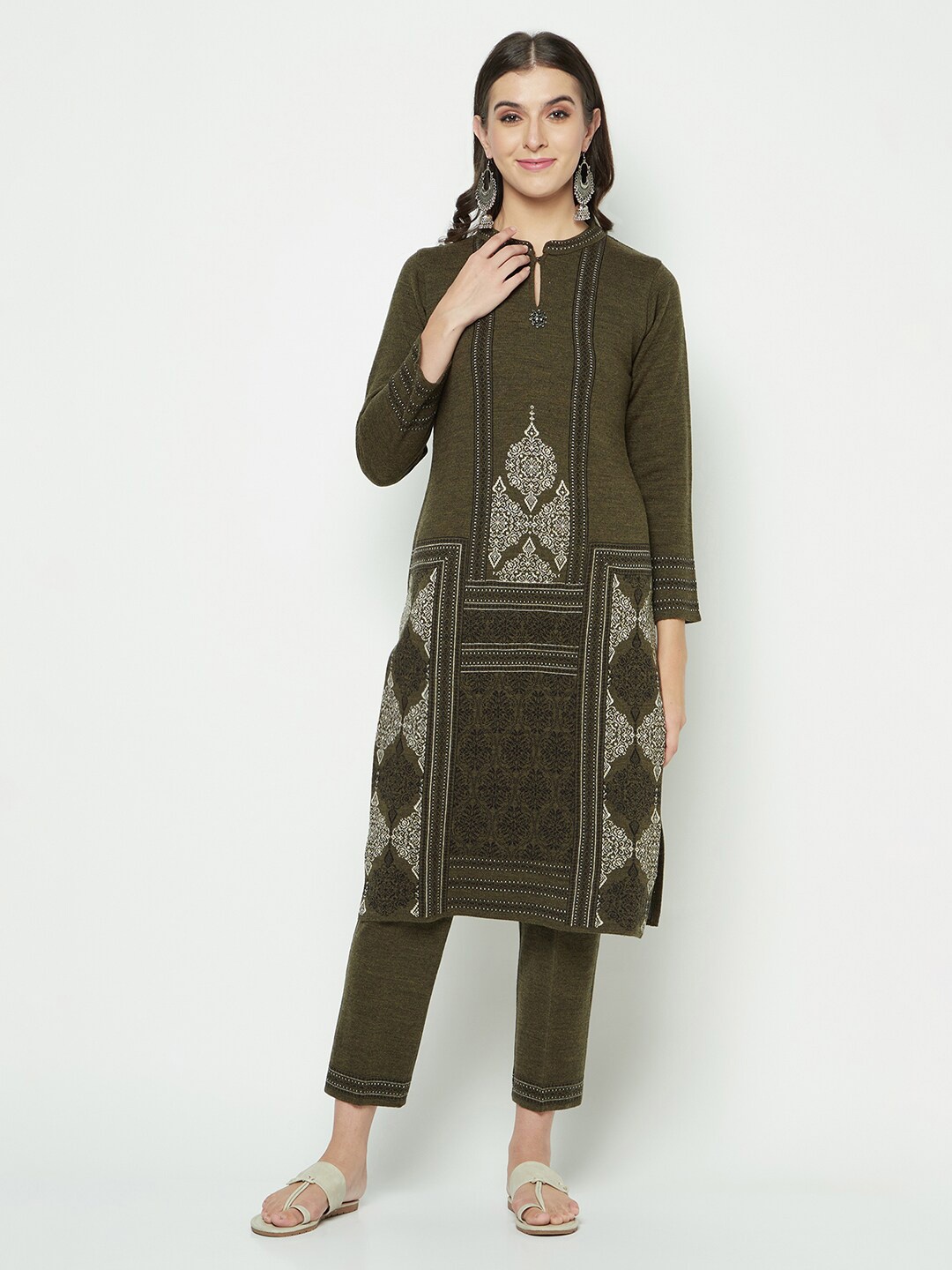 

Knitstudio Ethnic Motifs Woven Design Knitted Kurta, Olive