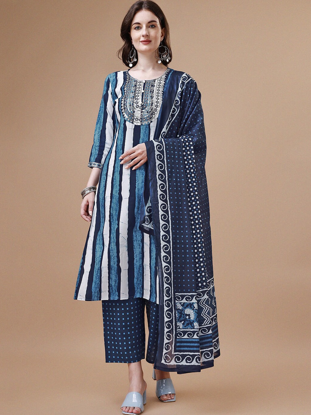 

KALINI Striped Thread & Mirror Work Pure Cotton Kurta with Trousers & Dupatta, Blue