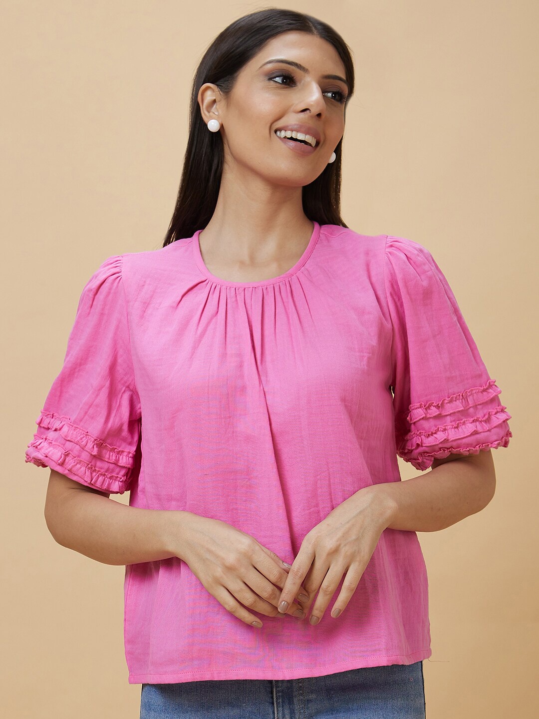 Globus Pink Round Neck Puff Sleeve Ruffled Pure Cotton Top