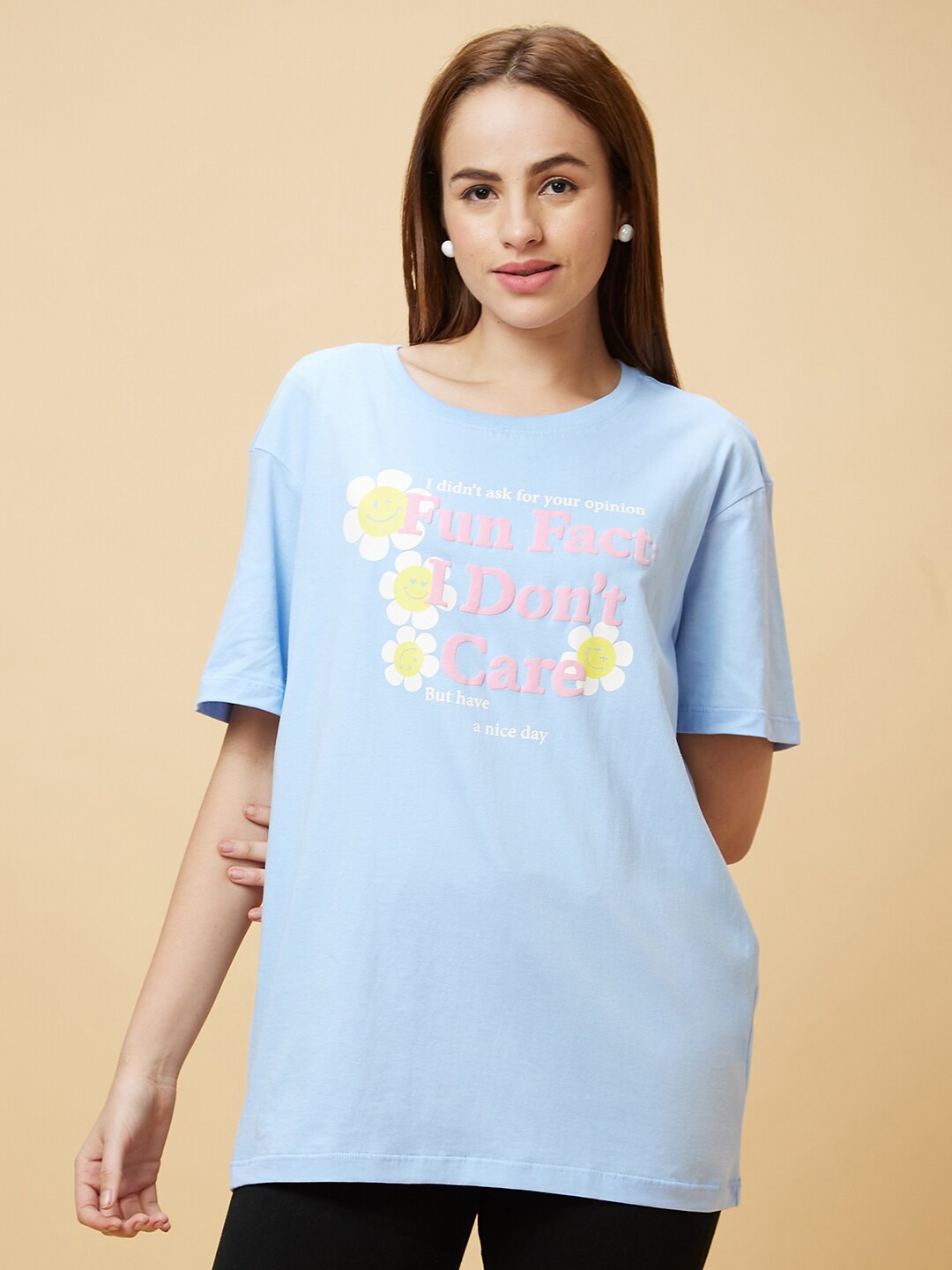 

Globus Blue Typography Printed Drop-Shoulder Sleeves Pure Cotton Boxy T-shirt