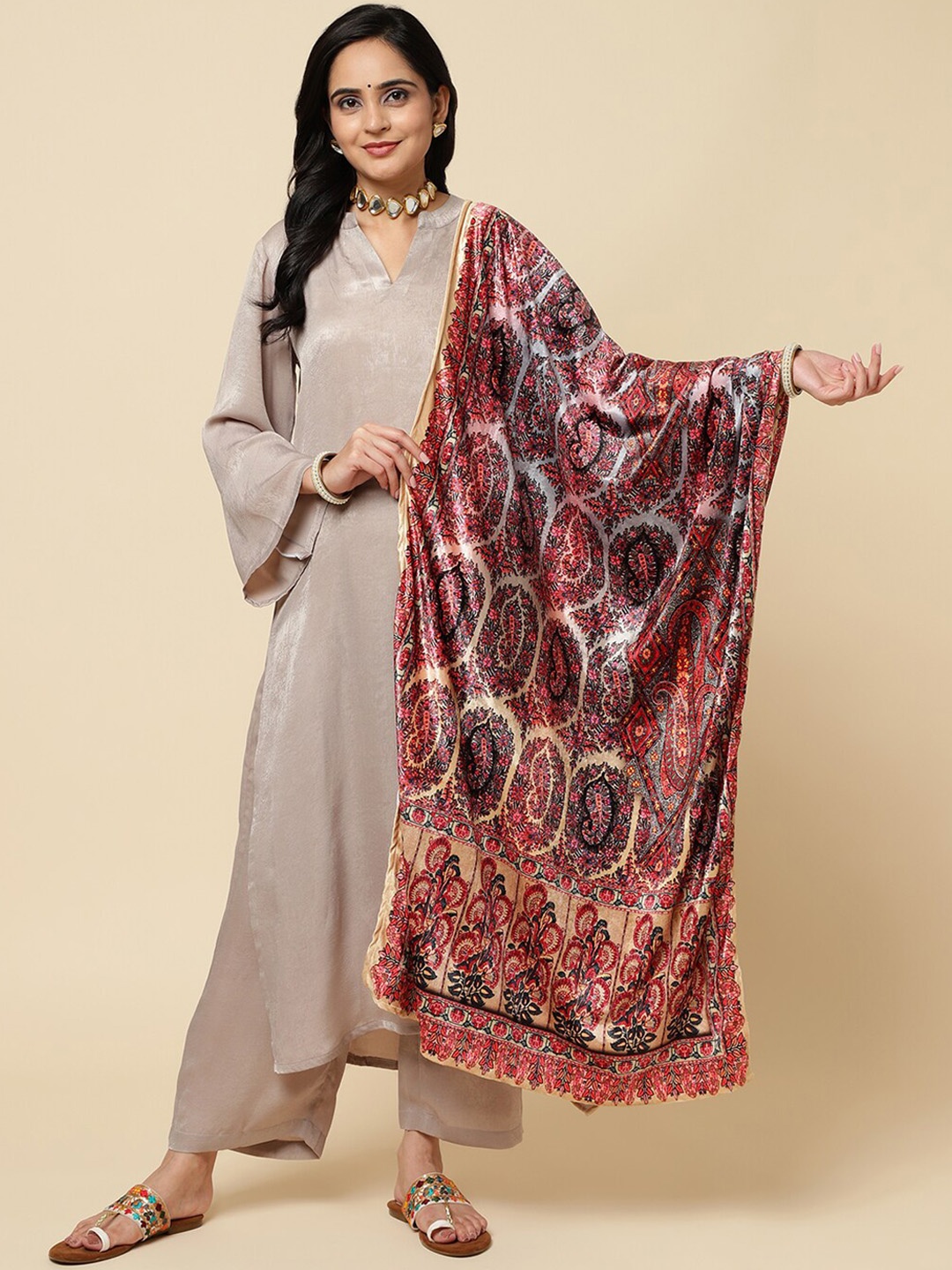 

Varanga Paisley Printed Velvet Shawl, Red