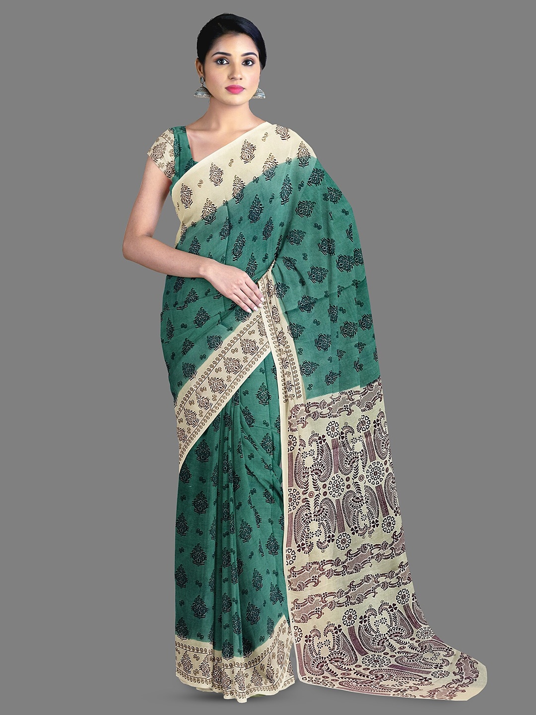 

The Chennai Silks Ethnic Motifs Printed Pure Cotton Sungudi Saree, Green